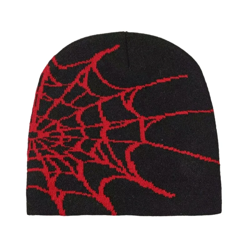 Black knit beanie with a red spiderweb motif