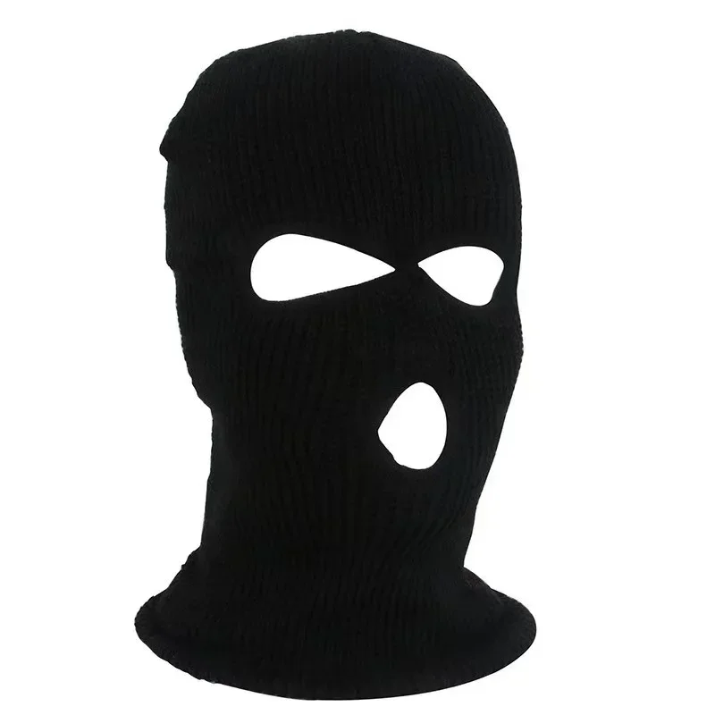 Black three opening knit face covering with an extended neck