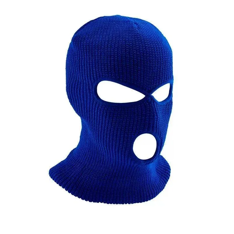 Blue three opening knit face covering with an extended neck
