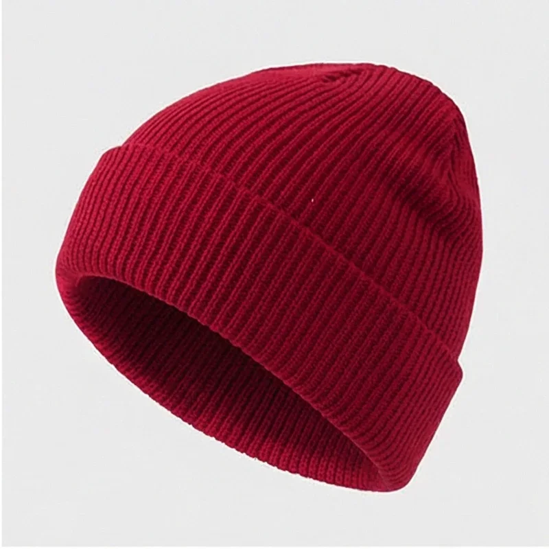 Burgundy plain rib knit beanie with a folded cuff