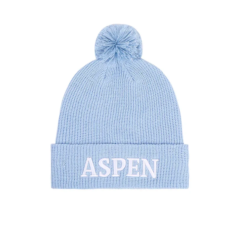 Light blue knitted beanie with lettering and pom-pom