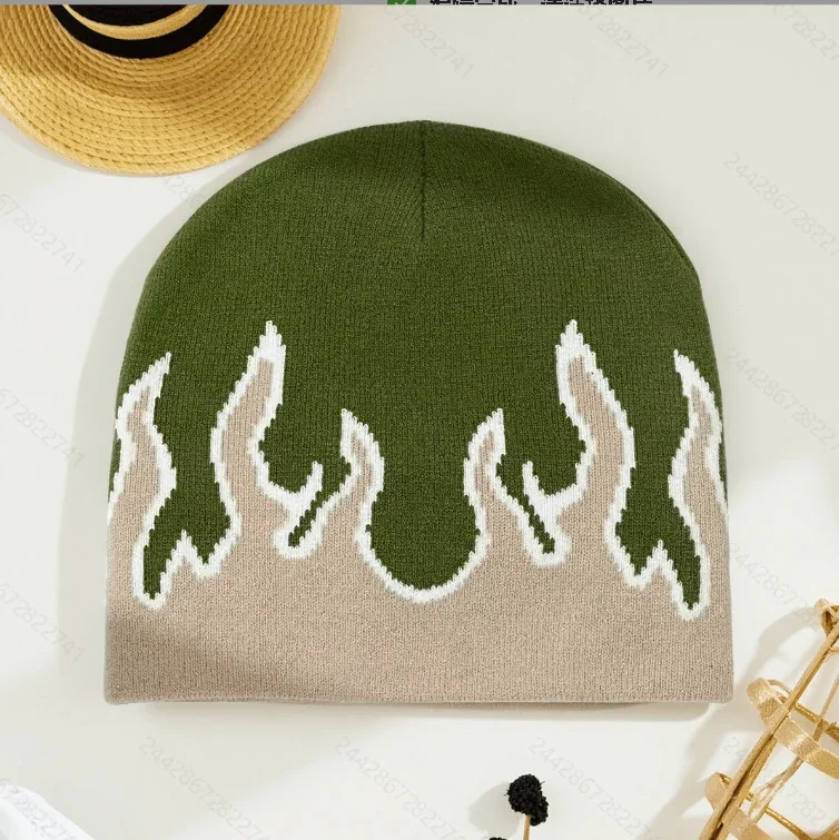 Olive knit beanie with beige and cream flame motifs