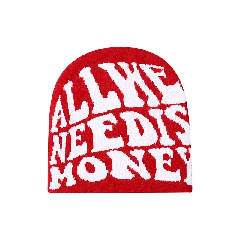 Red knit beanie with stacked white knitted lettering