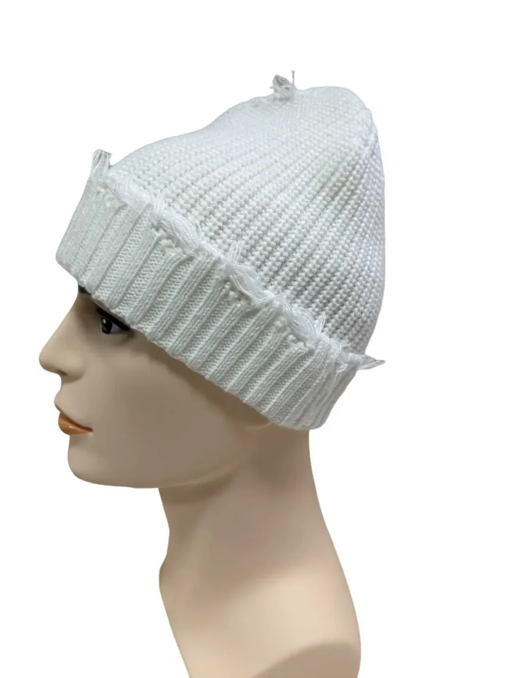 White distressed-trim rib-knit beanie shown from the side on a mannequin.